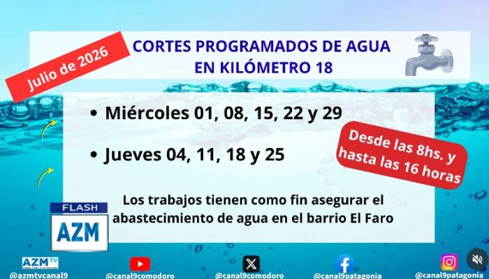 Anunciaron cortes programados de agua en kilómetro 18 durante julio