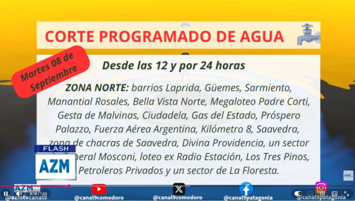 Cortes de agua de hasta 24 horas en distintos barrios de Comodoro